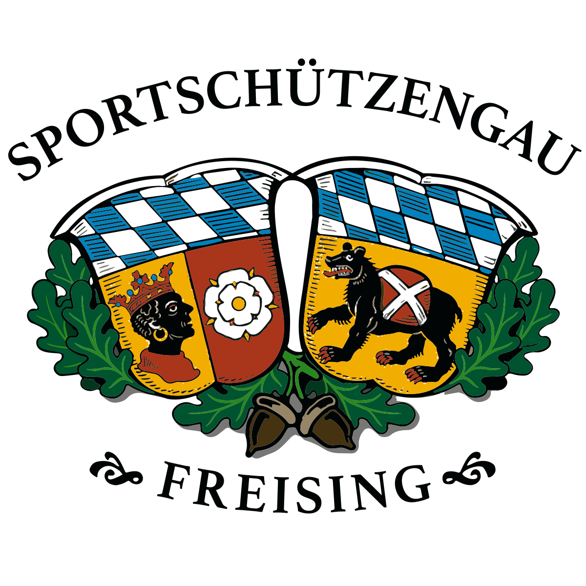 Wappen des Sportschützengaus Freising mit zwei Schilden, Eichenlaub und bayerischer Raute